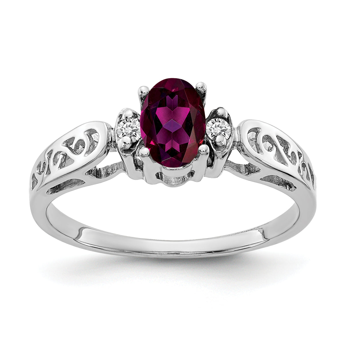 14K White Gold 6x4mm Oval Rhodolite Garnet VS Diamond ring