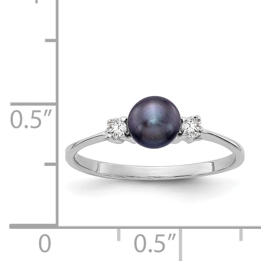 14K White Gold 5mm Black FW Cultured Pearl AA Diamond Ring