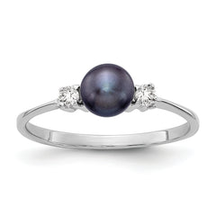 14K White Gold 5mm Black FW Cultured Pearl AA Diamond Ring