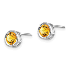 14K White Gold  5mm Bezel Citrine Stud Earrings