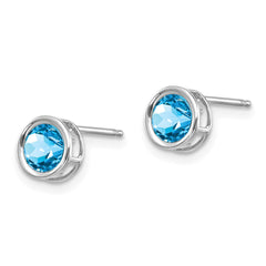 14K White Gold  5mm Bezel Blue Topaz Stud Earrings