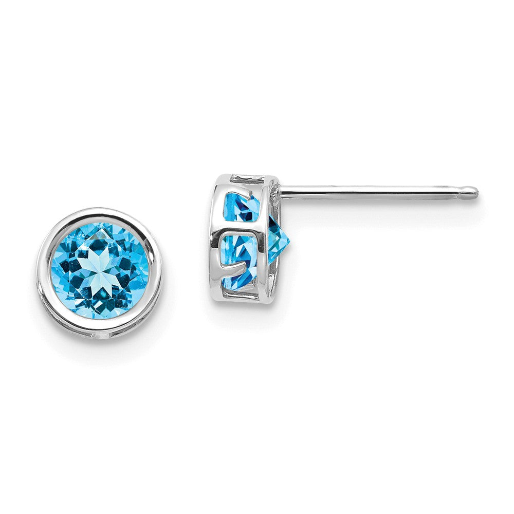 14K White Gold  5mm Bezel Blue Topaz Stud Earrings