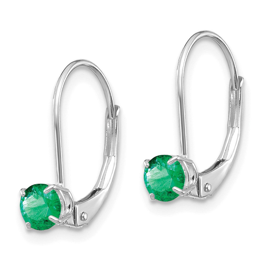 14K White Gold 4mm Round May/Emerald Leverback Earrings