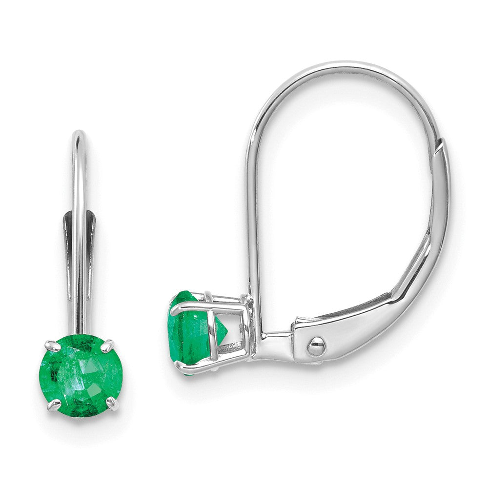 14K White Gold 4mm Round May/Emerald Leverback Earrings