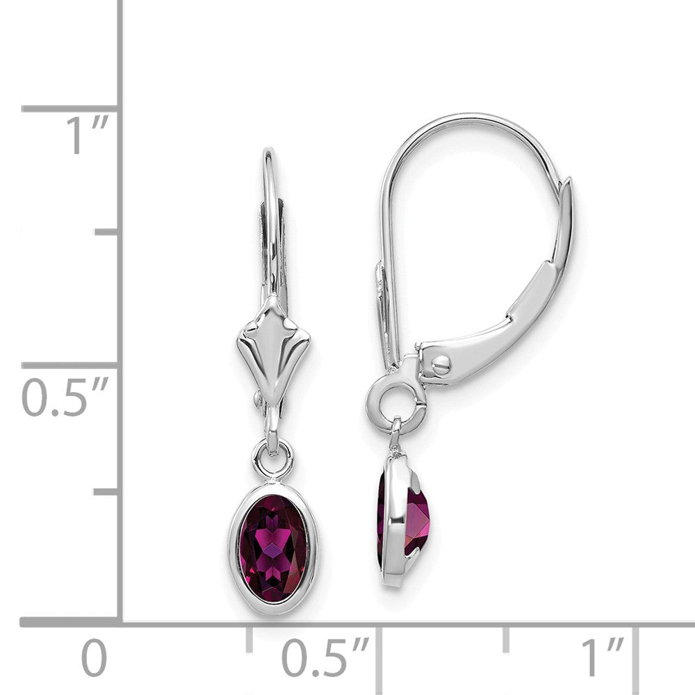 14k White Gold 6x4 Oval Bezel June/Rhodolite Leverback Earrings