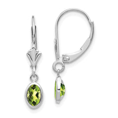 14K White Gold 6x4 Oval Bezel August/Peridot Leverback Earrings