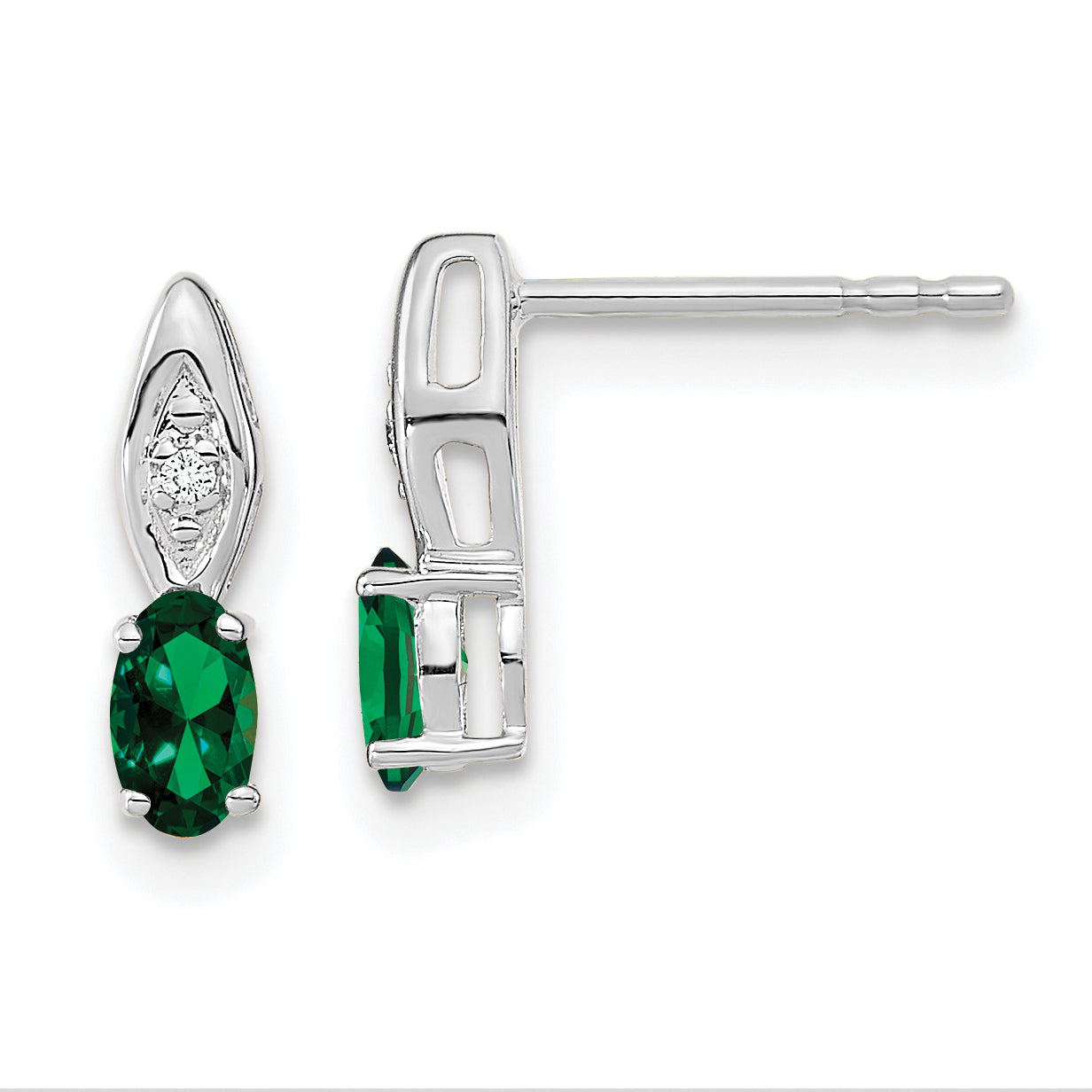 14k White Gold Emerald and Diamond Post Earrings