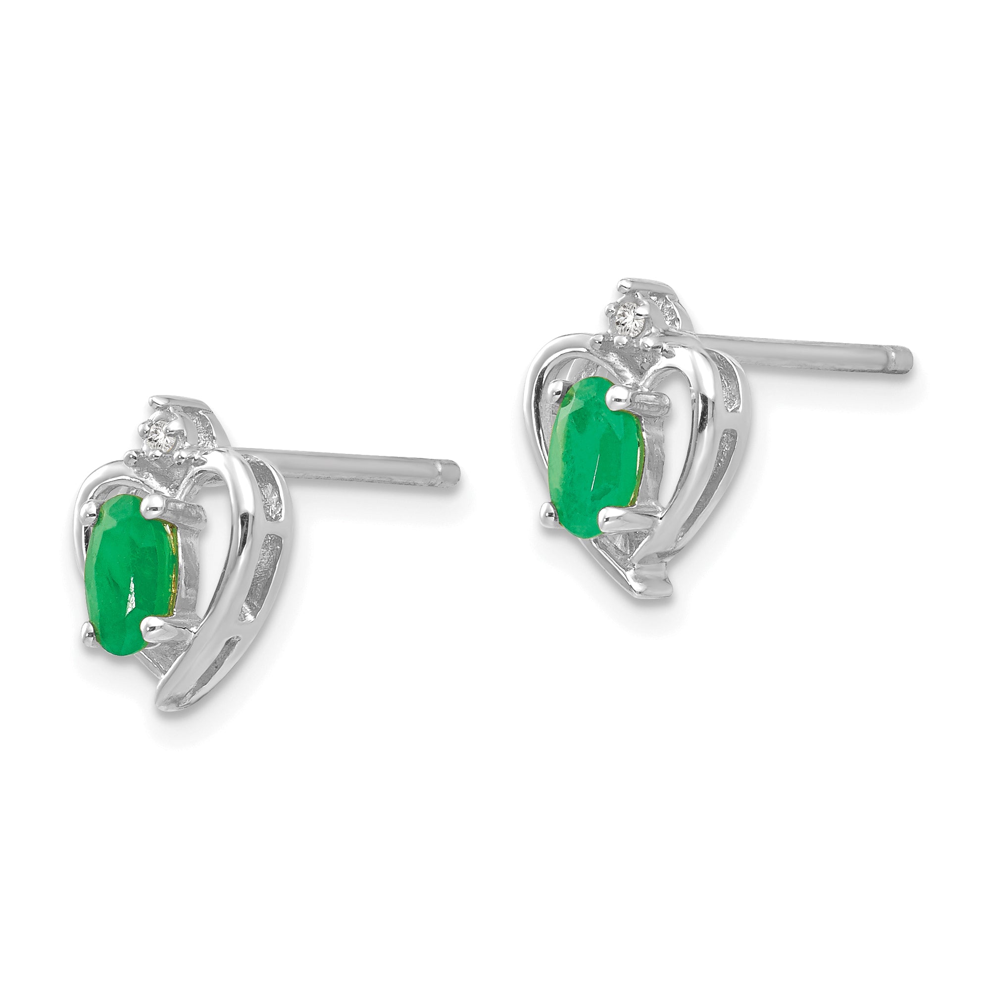 14k White Gold Emerald and Diamond Heart Post Earrings