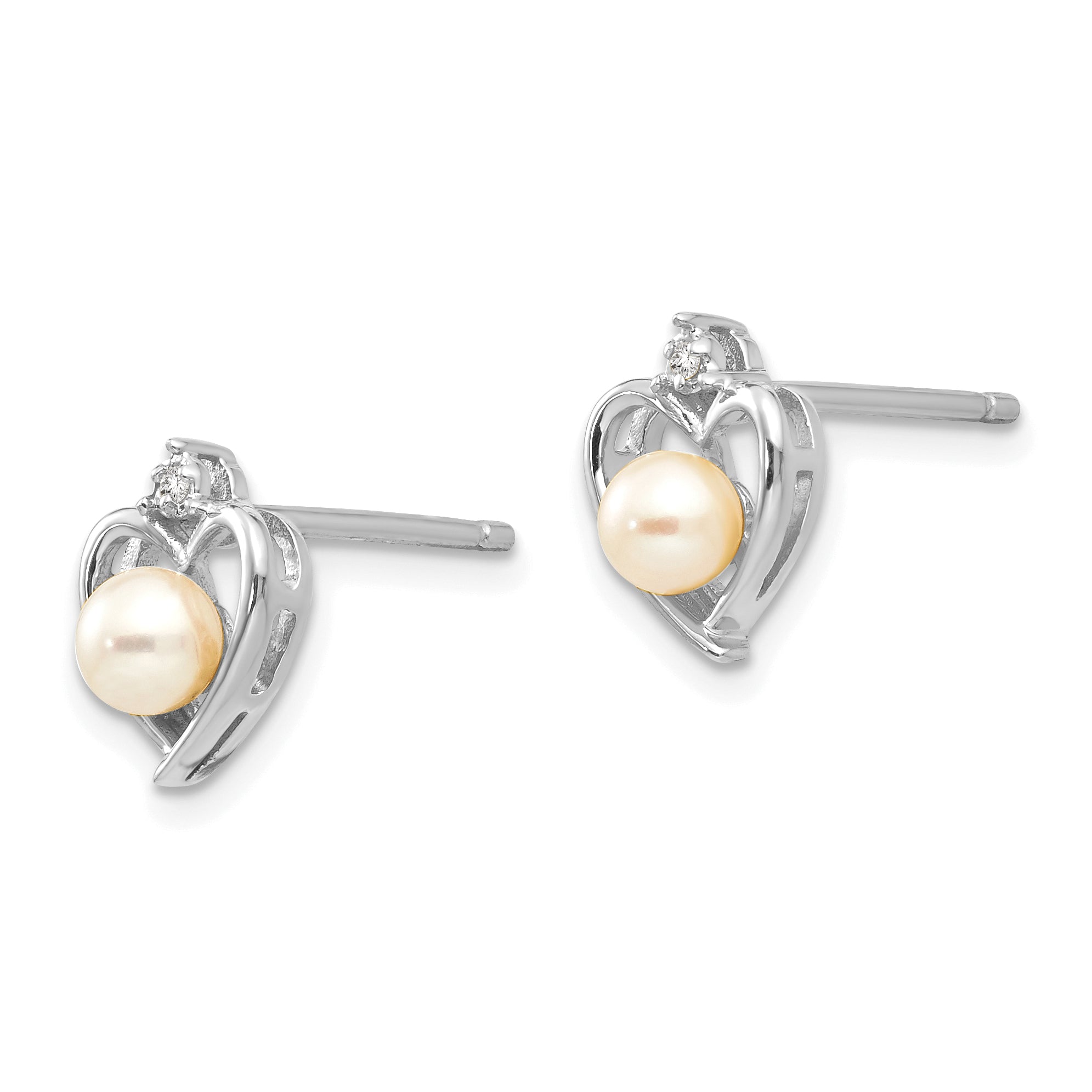 14k White Gold FWCultured Pearl and Diamond Heart Post Earrings