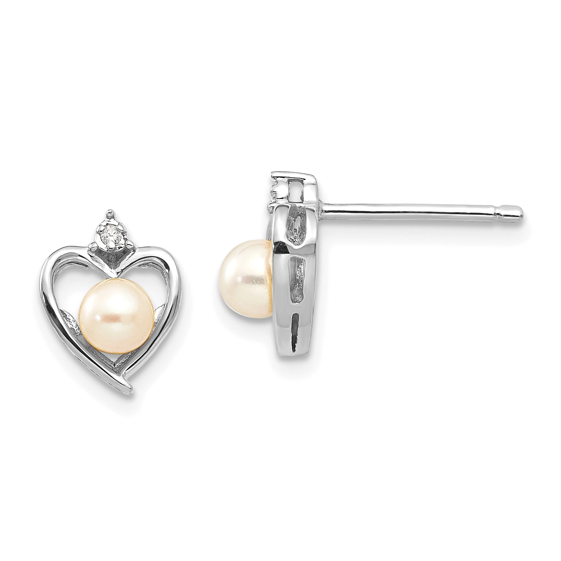 14k White Gold FWCultured Pearl and Diamond Heart Post Earrings