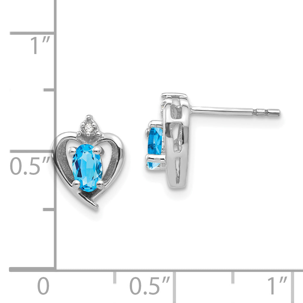 14k White Gold Blue Topaz and Diamond Heart Post Earrings