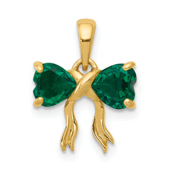 14K Gold Polished Created Emerald Bow Pendant