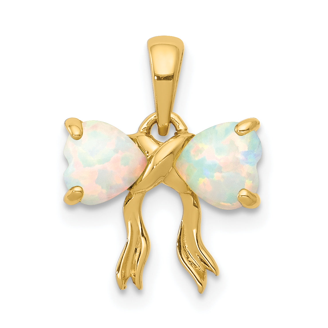 14K Gold Polished Created Opal Bow Pendant