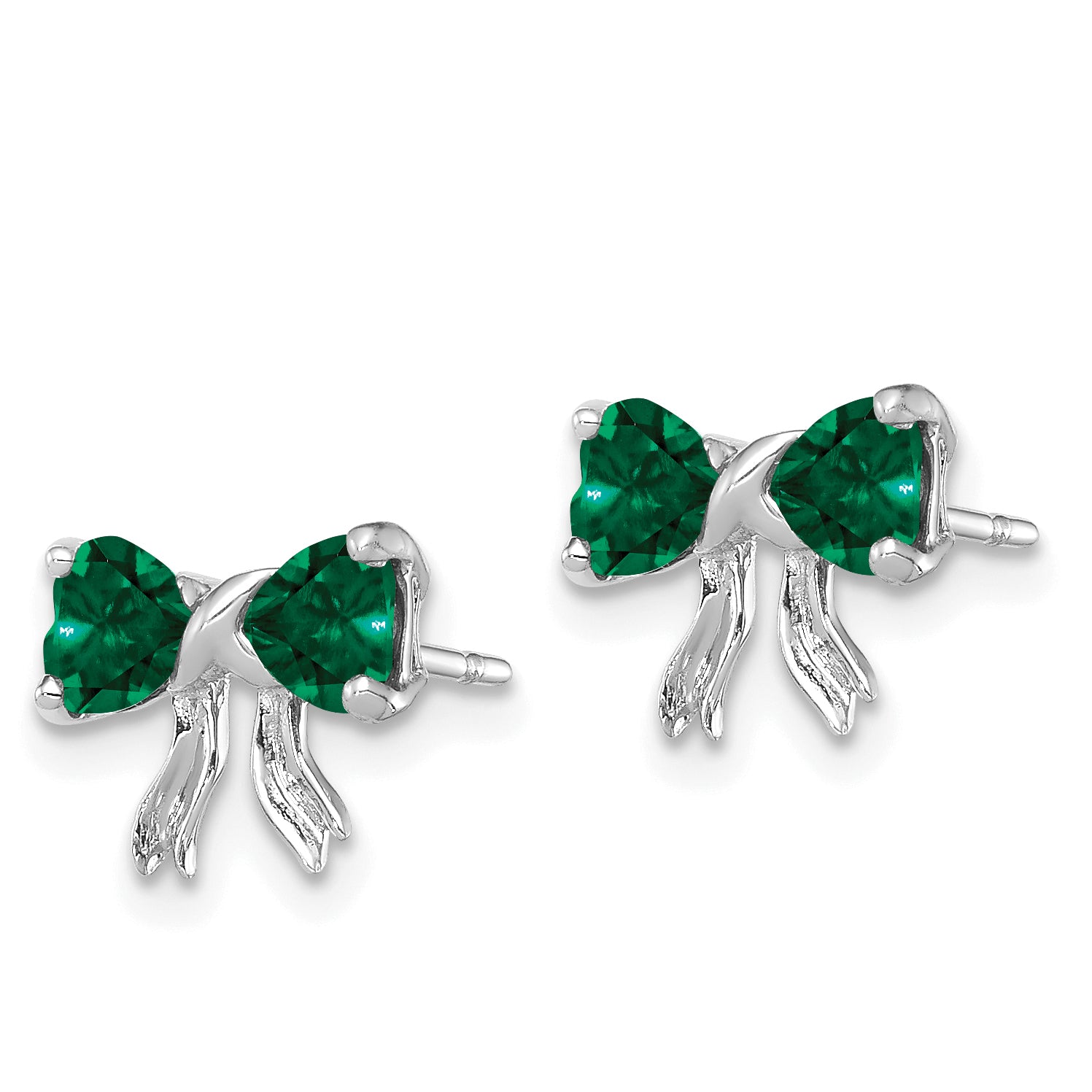 14k White Gold Polished Created Emerald Bow Post Earrings