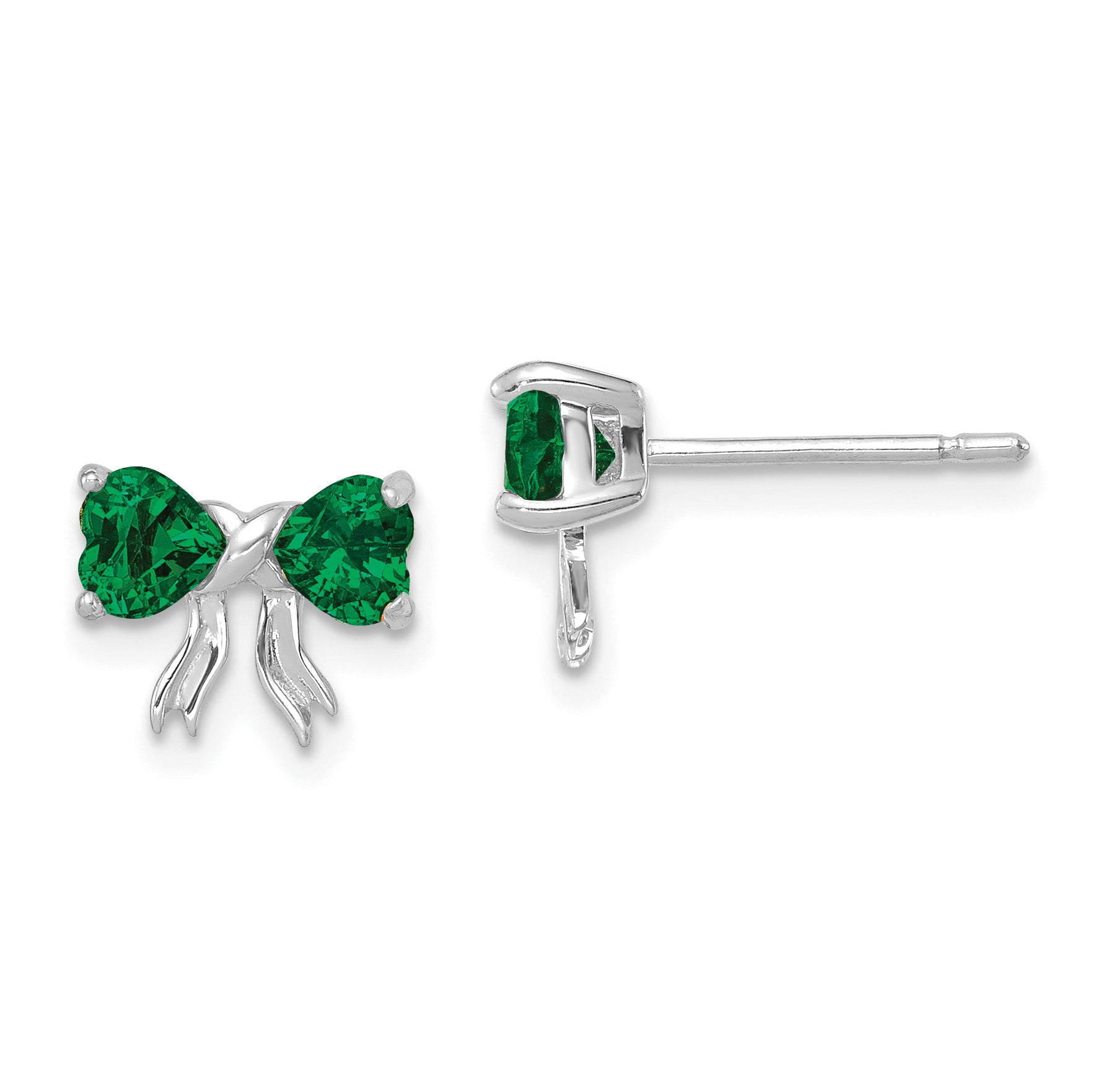 14k White Gold Polished Created Emerald Bow Post Earrings