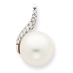 14K White Gold 9-10mm White Button FW Cultured Pearl and Diamond Pendant