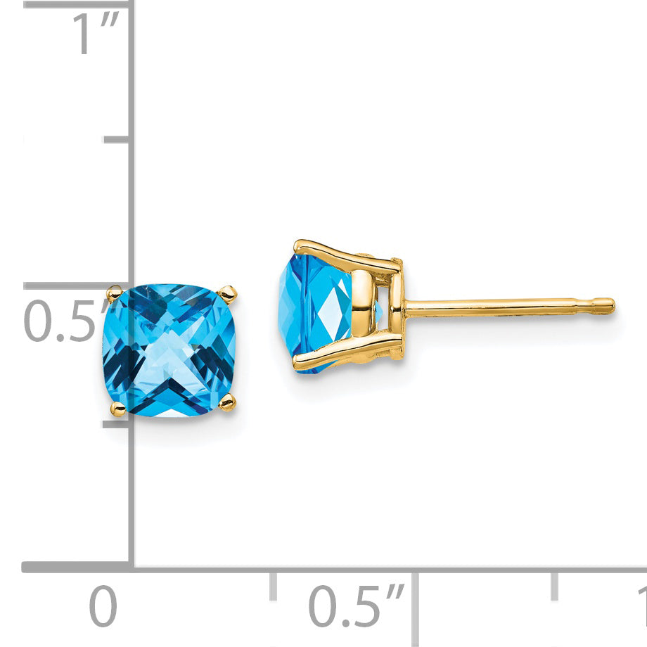 14k 6x6mm Cushion Blue Topaz Checker earring