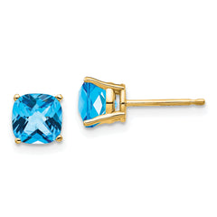 14k 6x6mm Cushion Blue Topaz Checker earring