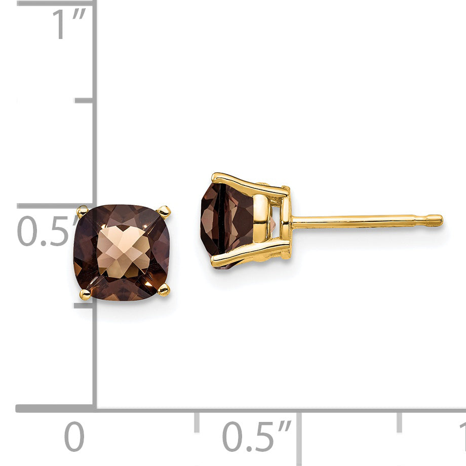 14k 6mm Cushion Checker-Cut Smoky Quartz Earring