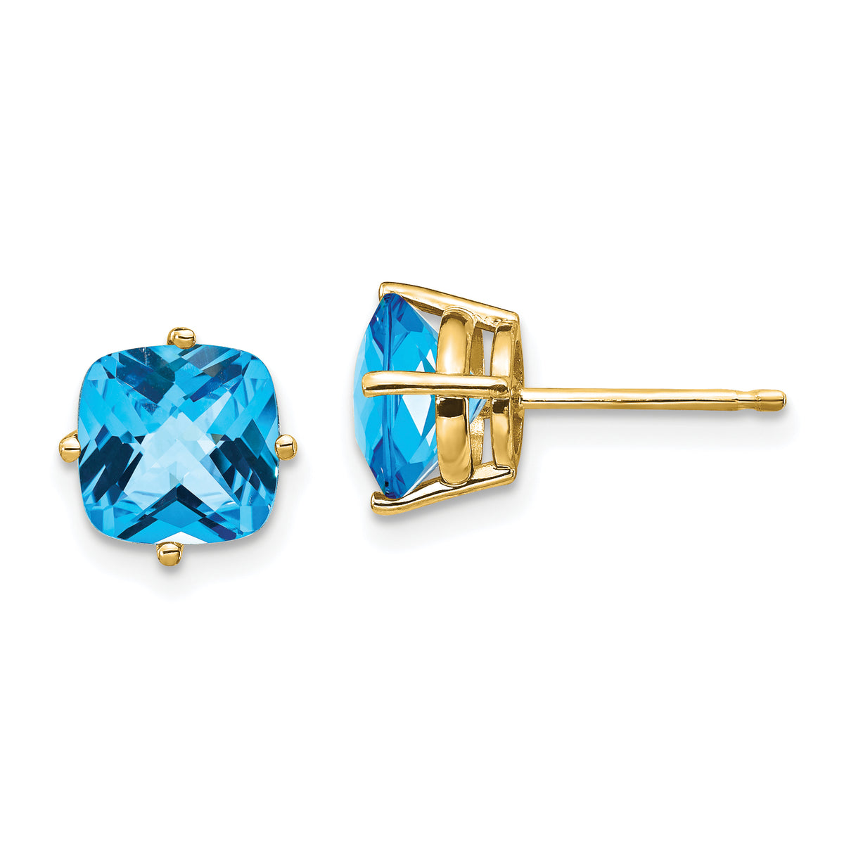 14k 7x7mm Cushion Blue Topaz Checker Earring