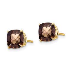 14k 7mm Cushion Checker-Cut Smoky Quartz Earring