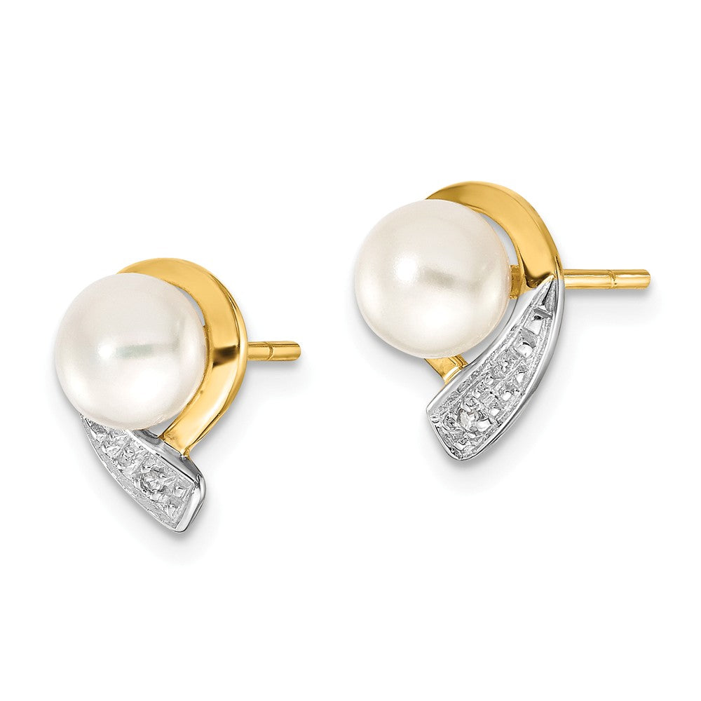 14K 5-6mm White Button FWC Pearl .01ct Diamond Post Earrings