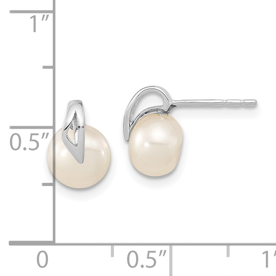 14k White Gold 7-8mm Button Freshwater Cultured Pearl Post Earrings