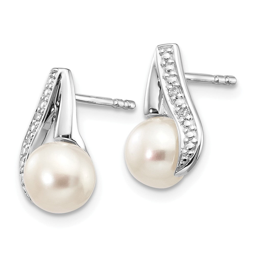 14K White Gold 6-7mm Button FWC Pearl .02ct Diamond Post Earrings