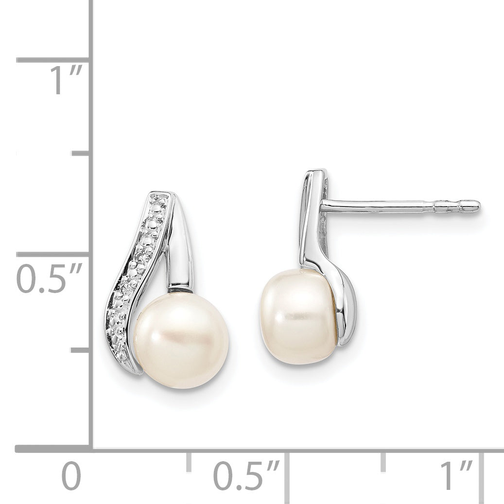 14k White Gold 6-7mm Button FWC Pearl .02ct Diamond Post Earrings