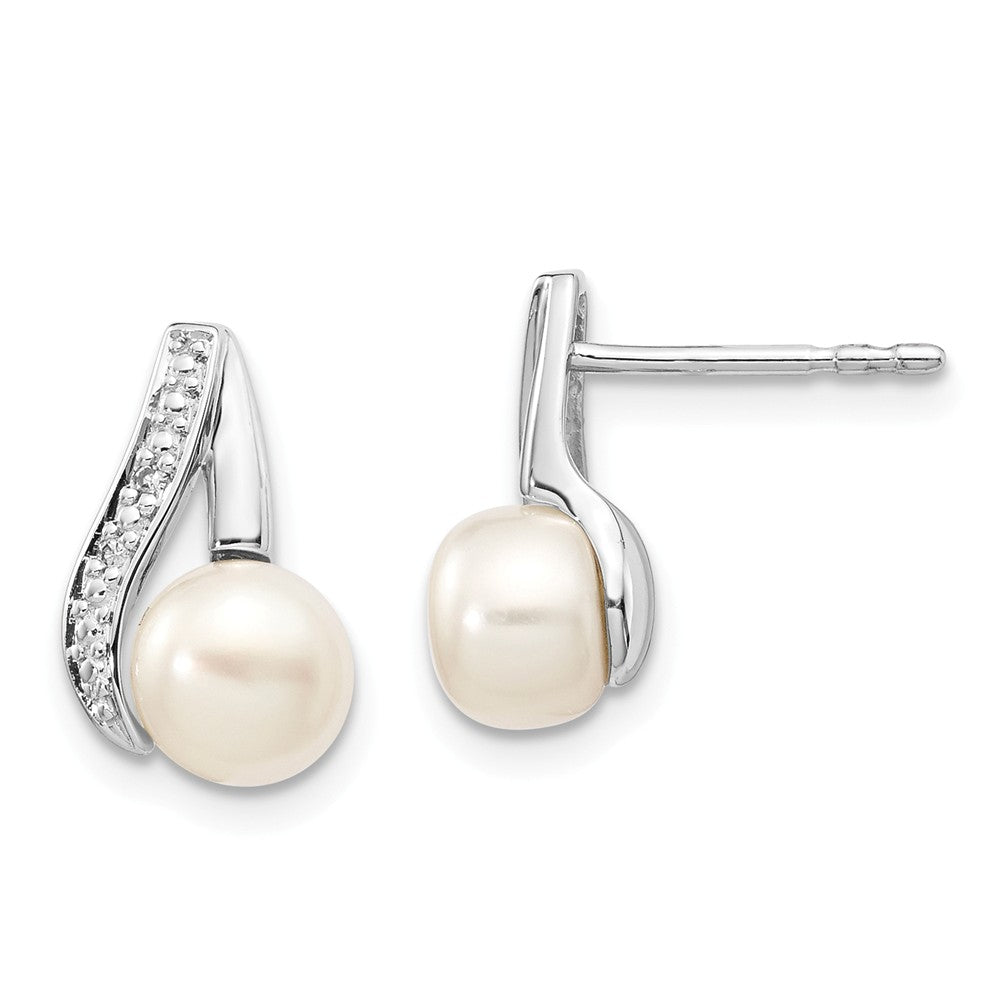 14K White Gold 6-7mm Button FWC Pearl .02ct Diamond Post Earrings