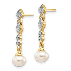 14k w/Rhodium 5-6mm Semi-round FWC Pearl .04ct Diamond Earrings