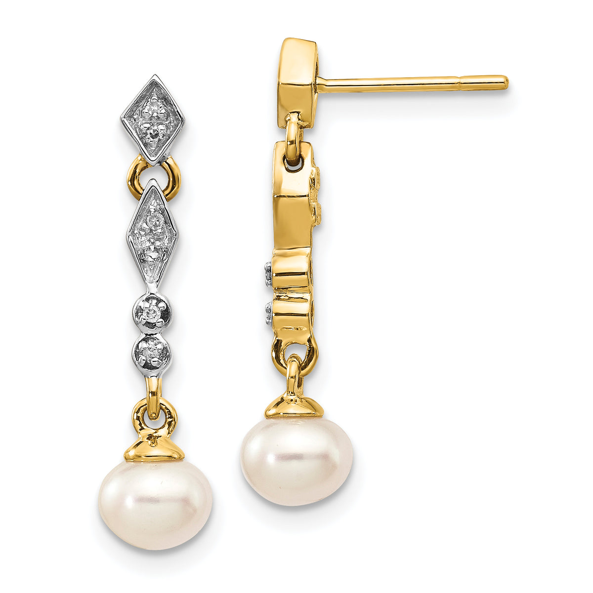 14k w/Rhodium 5-6mm Semi-round FWC Pearl .04ct Diamond Earrings