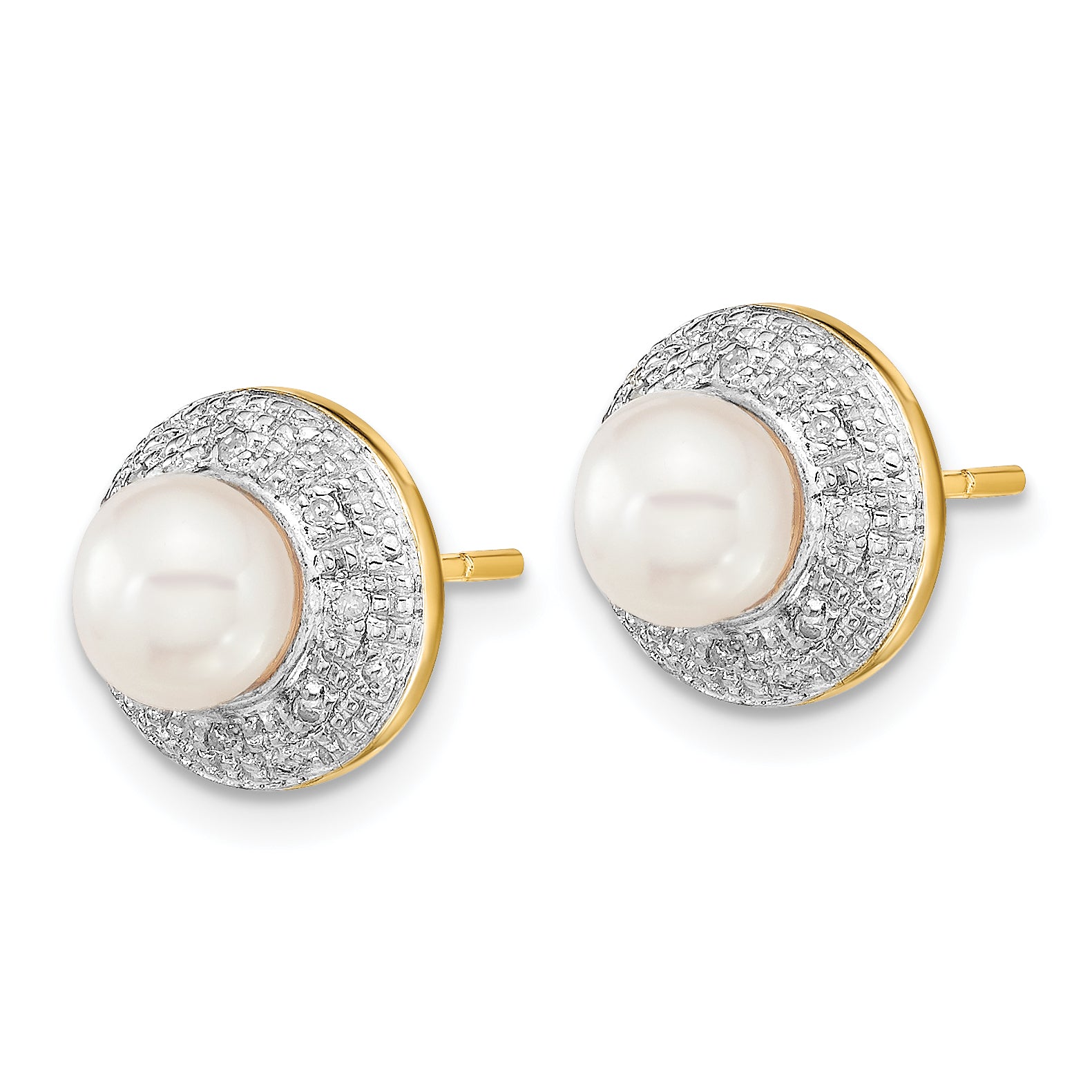 14k and Rhodium 5-6mm Button FWC Pearl .05ct Diamond Post Earrings