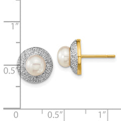 14k and Rhodium 5-6mm Button FWC Pearl .05ct Diamond Post Earrings