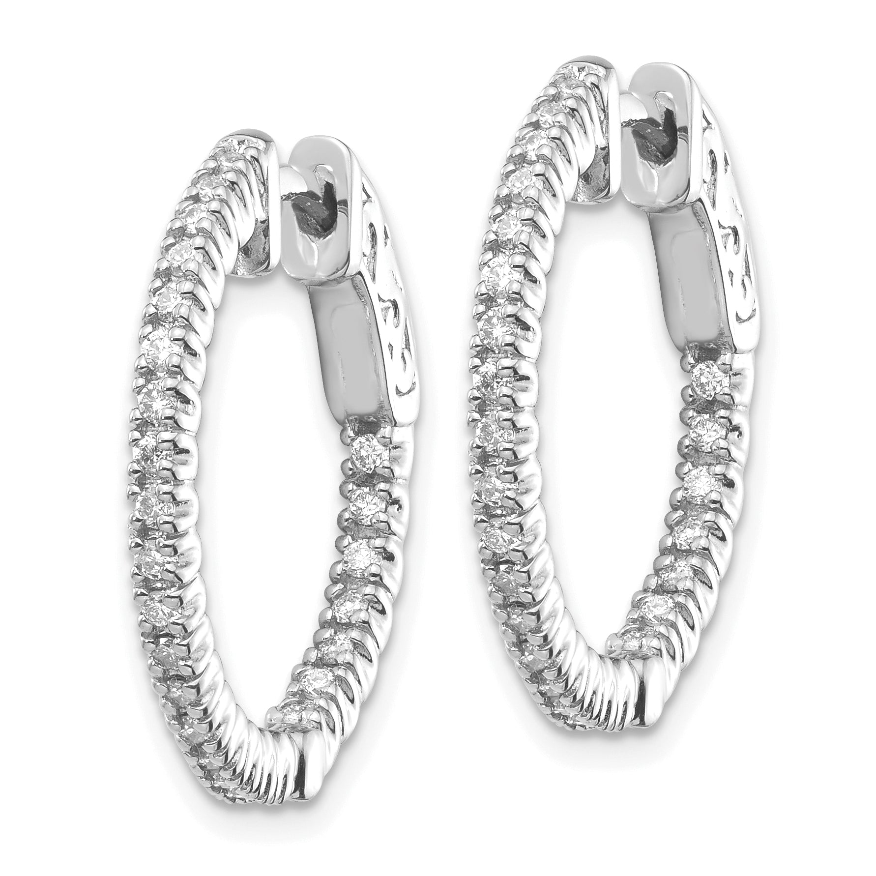 14k White Gold Diamond Round Hoop w/Safety Clasp Earrings