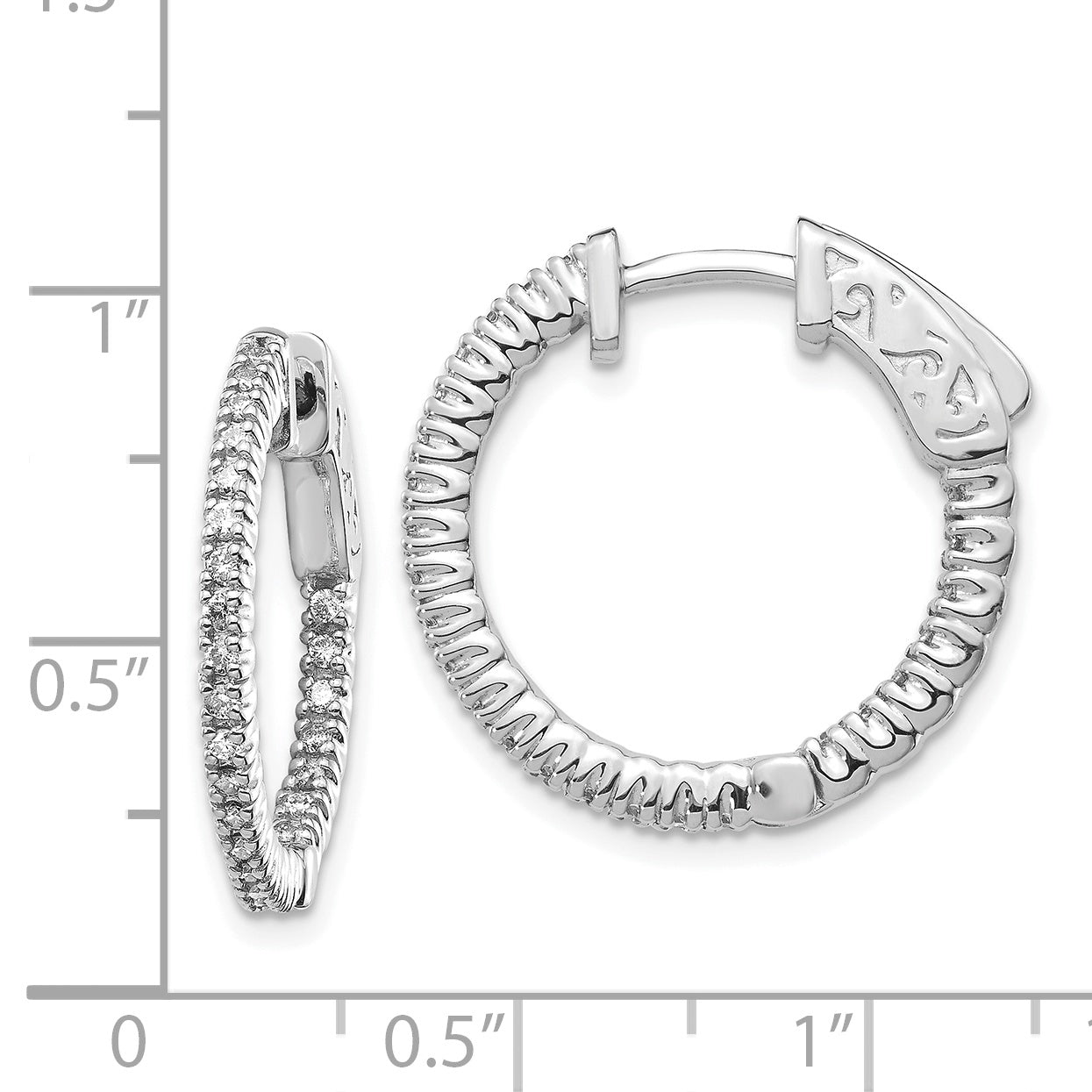 14k White Gold Diamond Round Hoop w/Safety Clasp Earrings