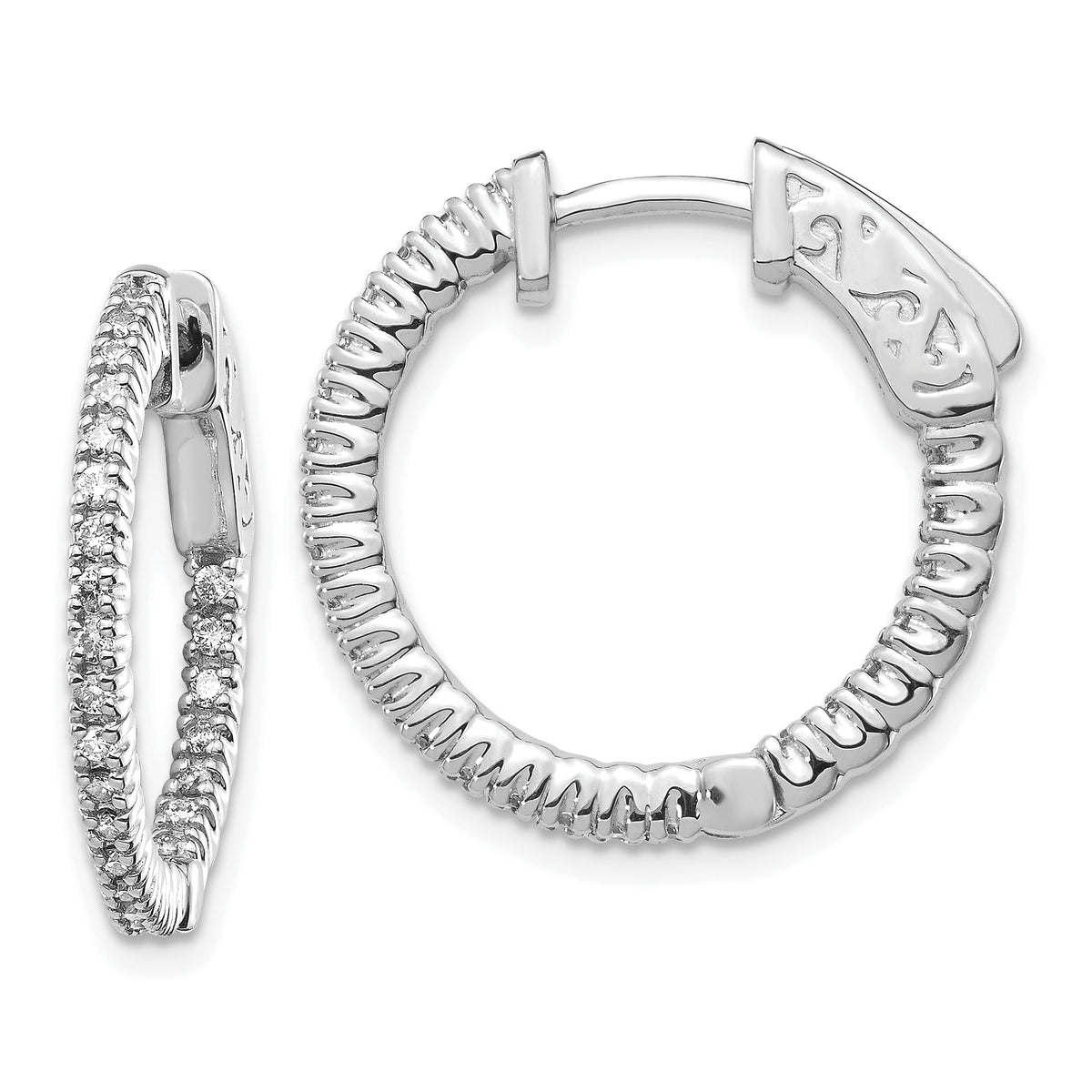 14k White Gold Diamond Round Hoop w/Safety Clasp Earrings