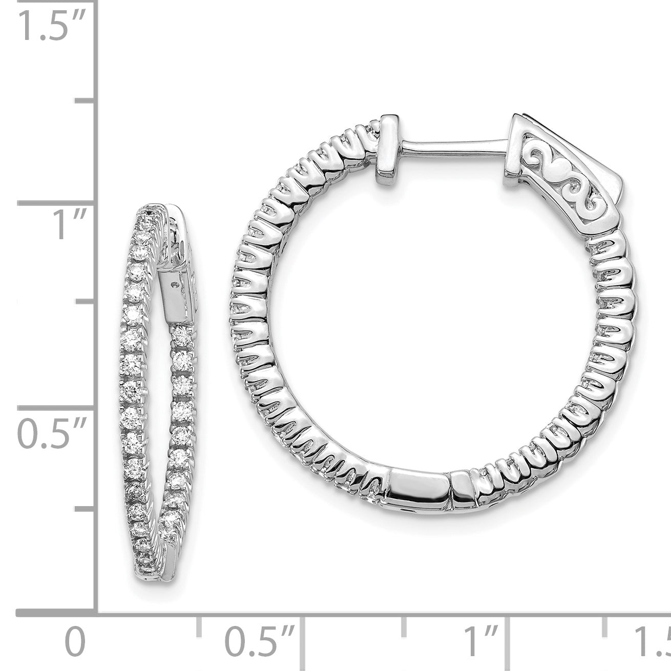 14k White Gold Diamond Round Hoop w/Safety Clasp Earrings