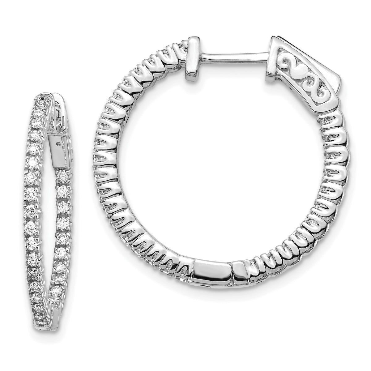 14k White Gold Diamond Round Hoop w/Safety Clasp Earrings