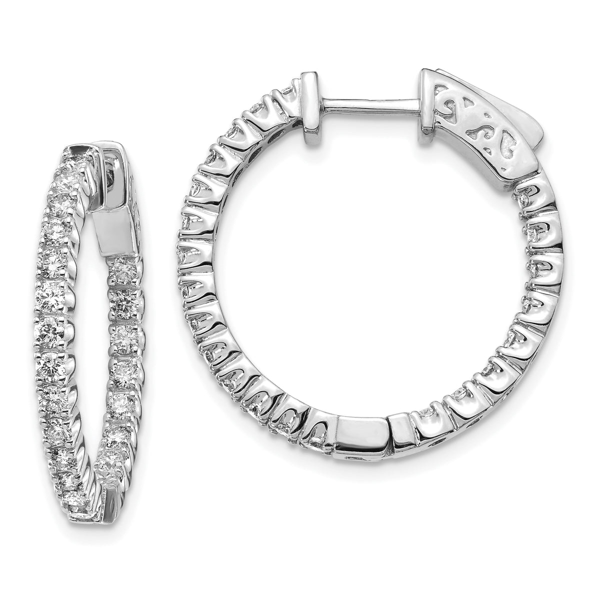 14k White Gold Diamond Round Hoop w/Safety Clasp Earrings