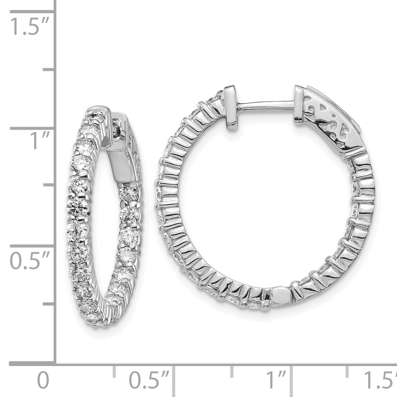 14k White Gold Diamond Round Hoop w/Safety Clasp Earrings