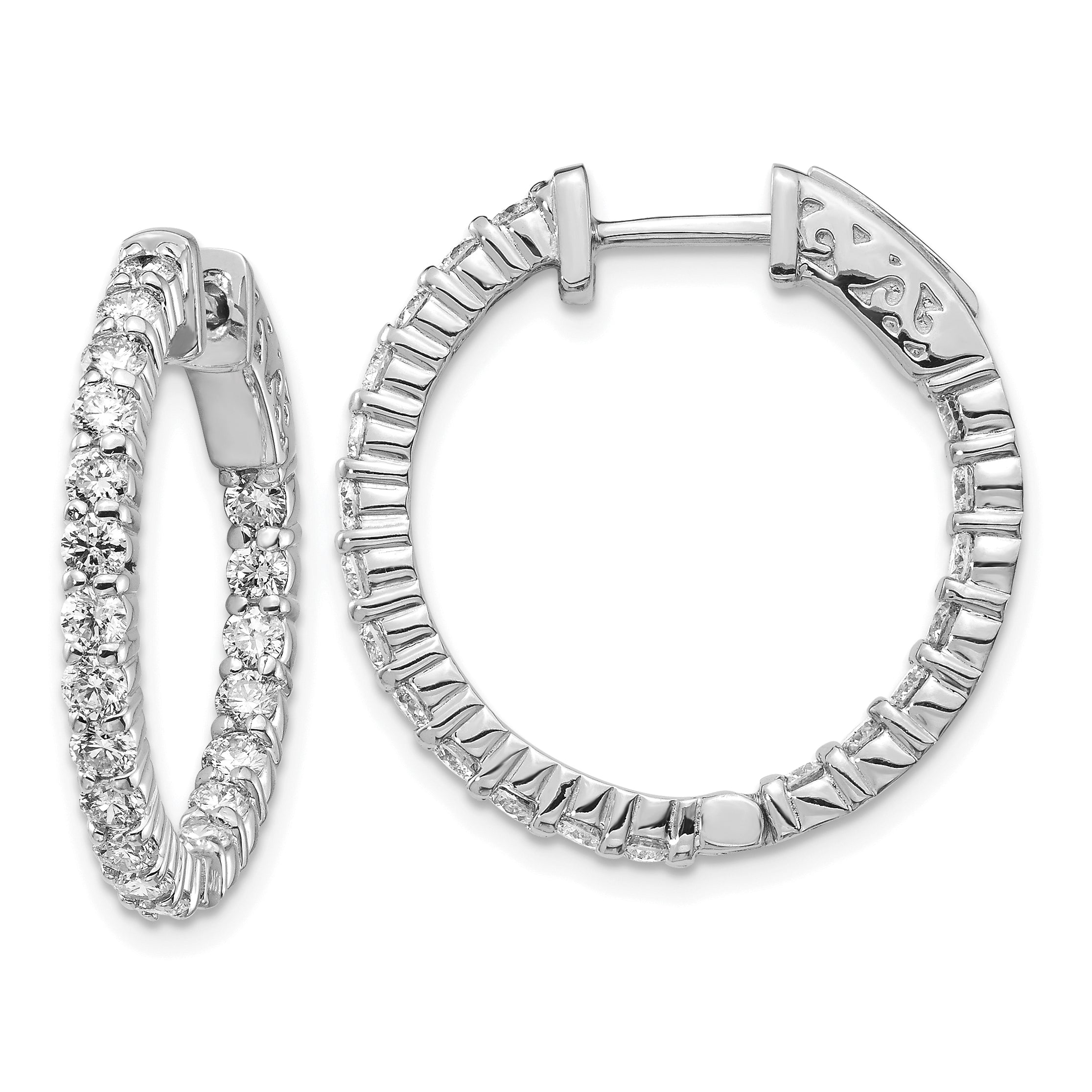 14k White Gold Diamond Round Hoop w/Safety Clasp Earrings