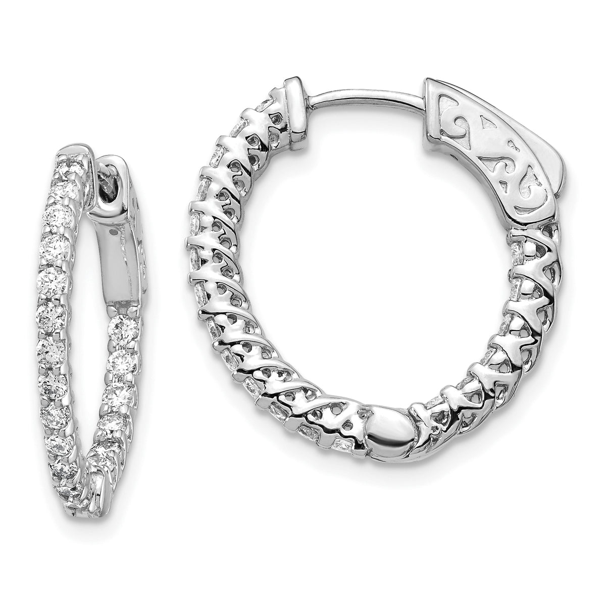 14k White Gold Diamond Round Hoop w/Safety Clasp Earrings