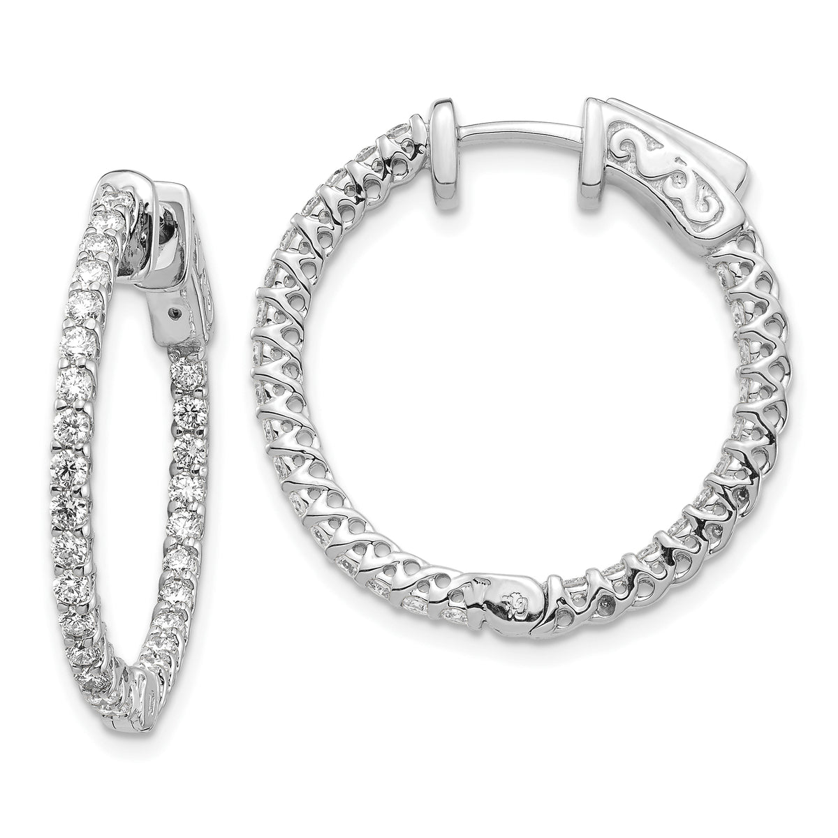 14k White Gold Diamond Round Hoop w/Safety Clasp Earrings