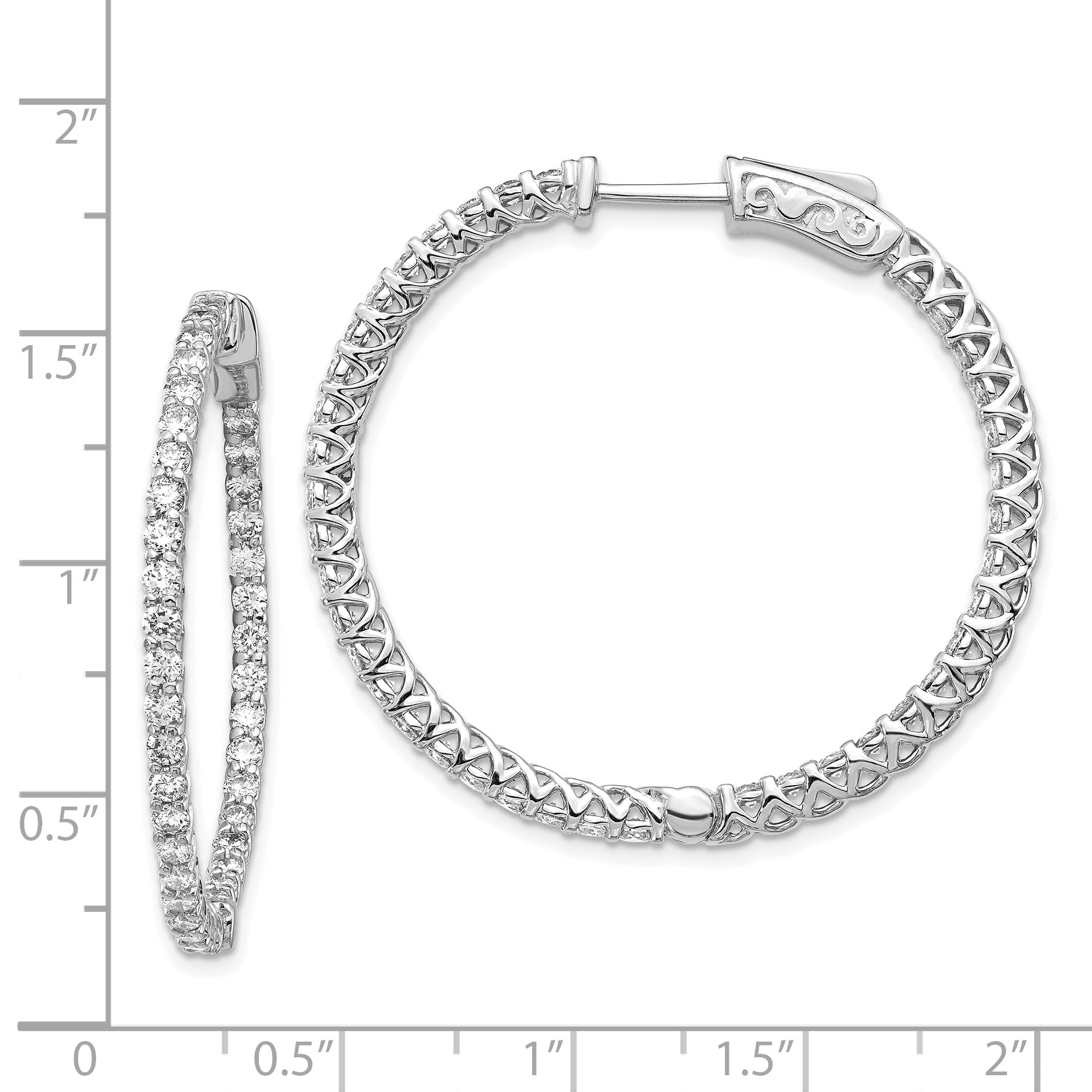 14k White Gold Diamond Round Hoop w/Safety Clasp Earrings