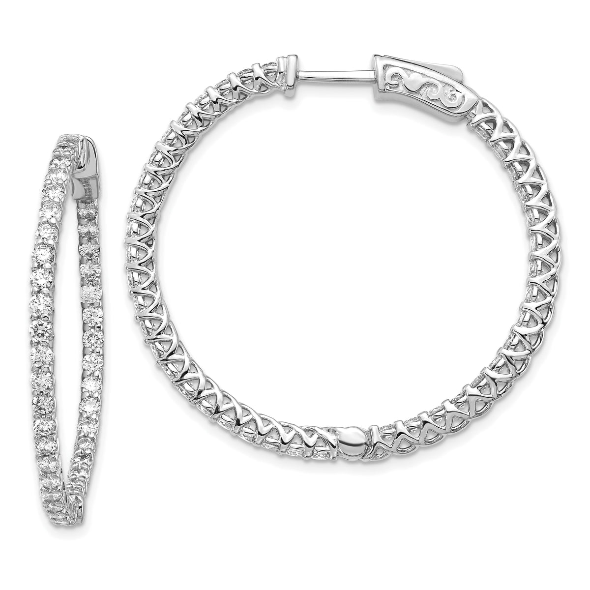 14k White Gold Diamond Round Hoop w/Safety Clasp Earrings