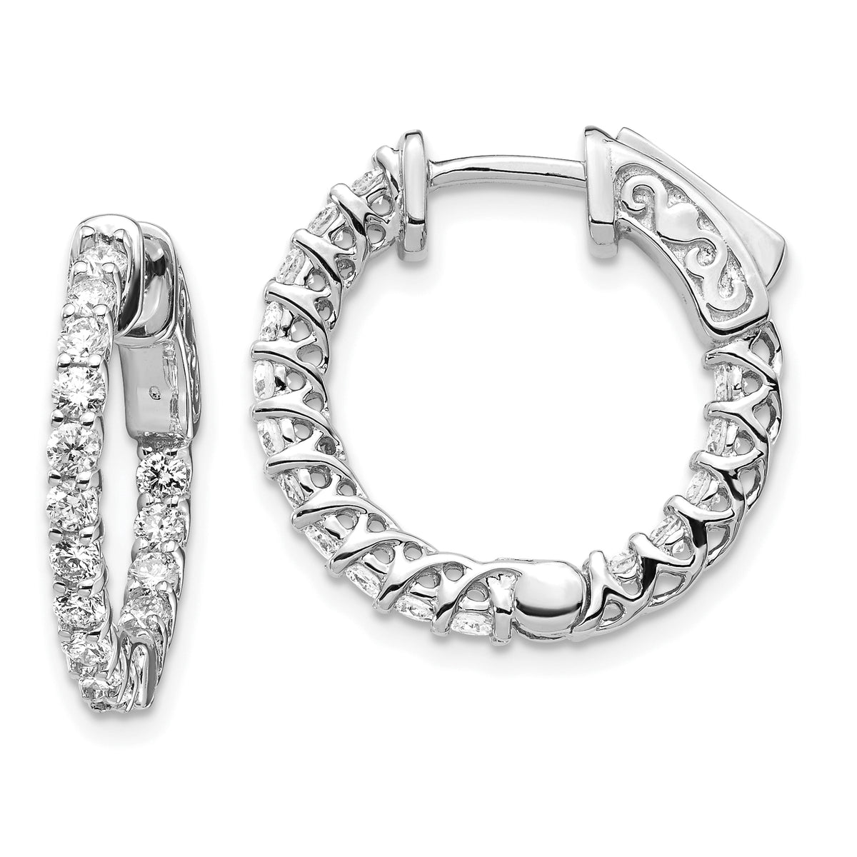 14k White Gold Diamond Round Hoop w/Safety Clasp Earrings