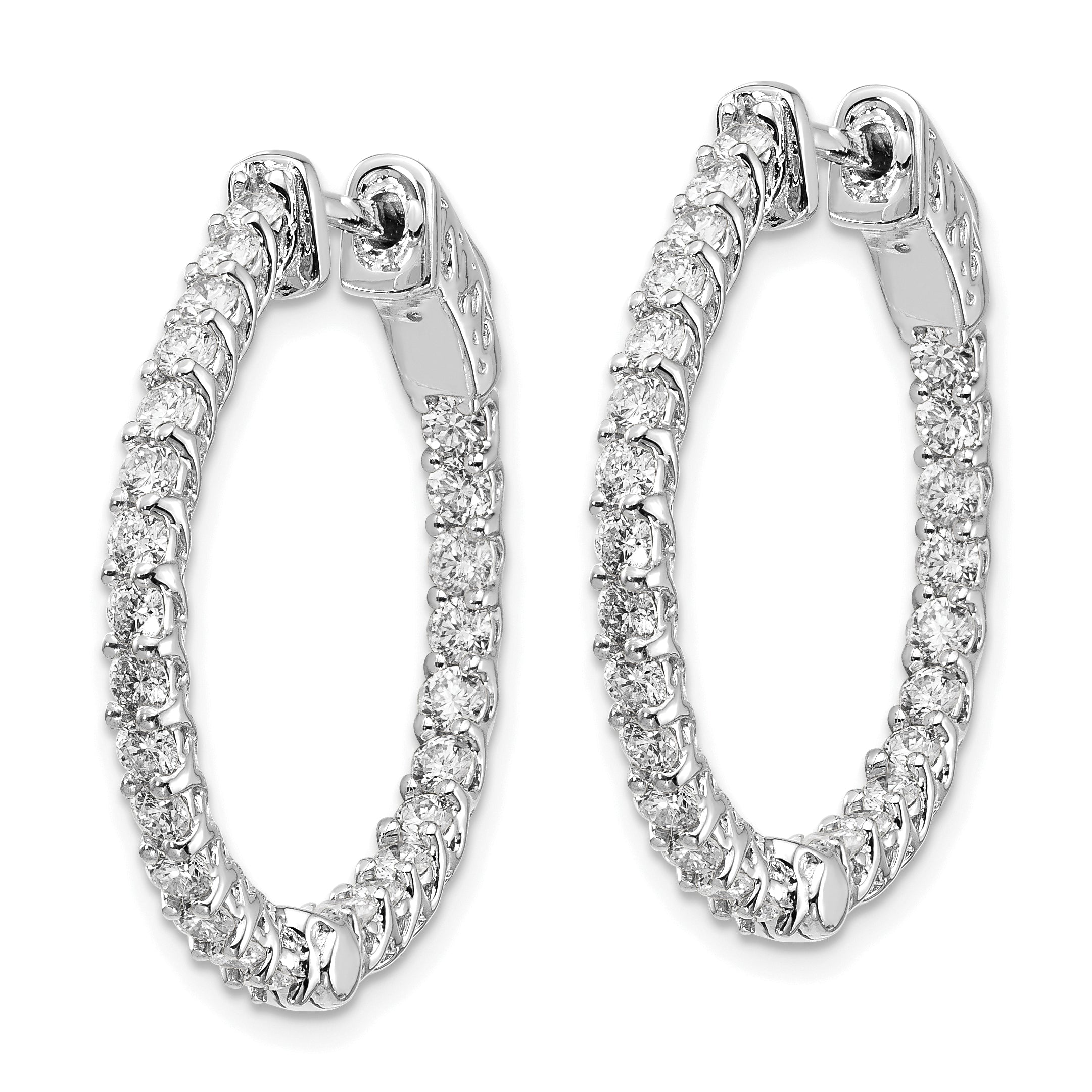 14k White Gold Diamond Round Hoop w/Safety Clasp Earrings