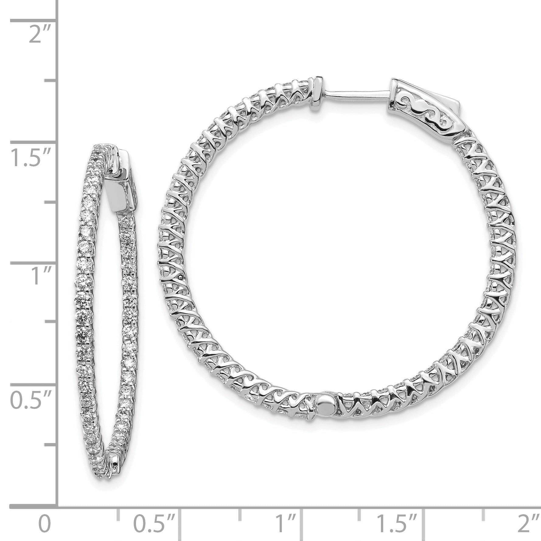 14k White Gold Diamond Round Hoop w/Safety Clasp Earrings