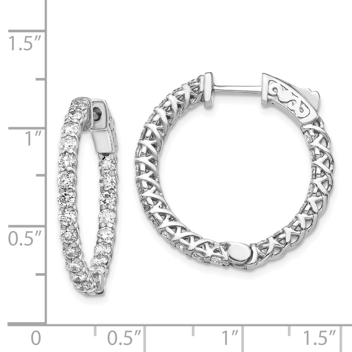 14k White Gold Diamond Round Hoop w/Safety Clasp Earrings